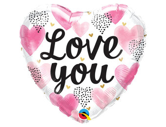 Heart - Pink Watercolour Hearts Love You - 18inch - Qualatex