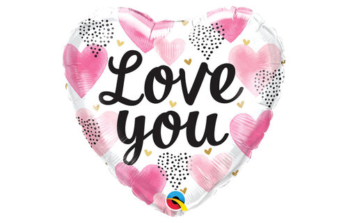 Heart - Pink Watercolour Hearts Love You - 18inch - Qualatex