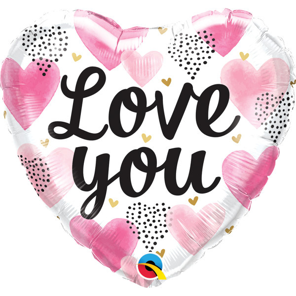 Heart - Pink Watercolour Hearts Love You - 18inch - Qualatex