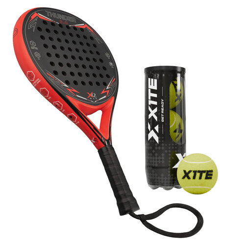XQMax Padelschläger Thunder 2.0 - Runde Form - Schwarz & Rot - Inkl. X1TE-Set Padelbälle / 3 Stück