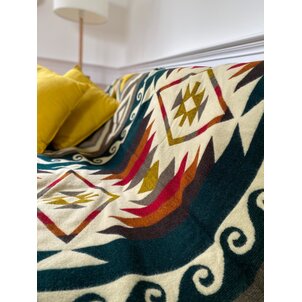EcuaFina Alpaka Wolldecke - Westliches Design - XL Native Plaid - Aztec  - Cayambe - Dunkelgrün