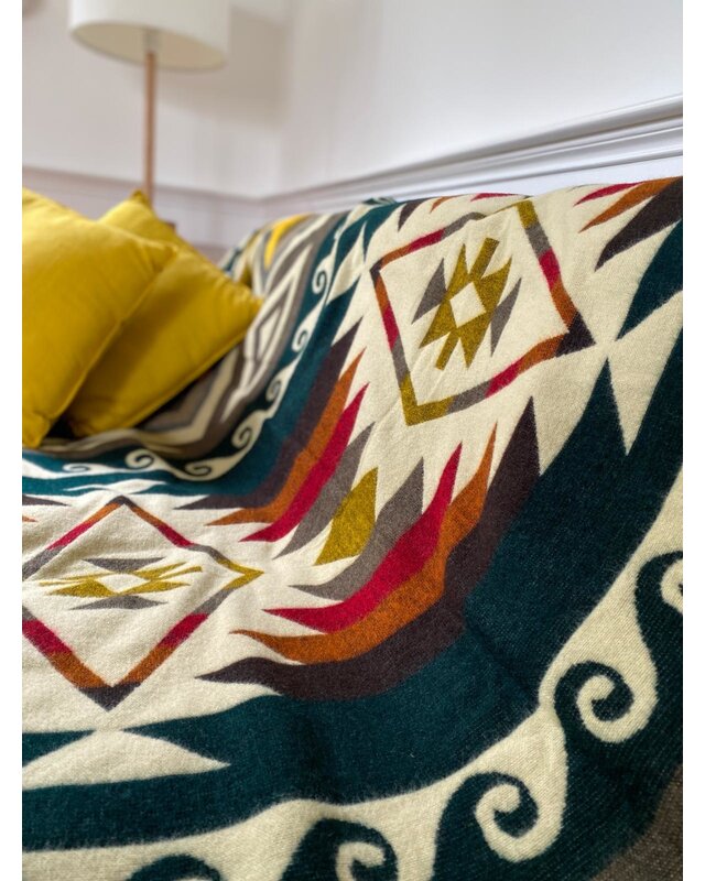 EcuaFina Alpaka Wolldecke - Westliches Design - XL Native Plaid - Aztec  - Cayambe - Dunkelgrün
