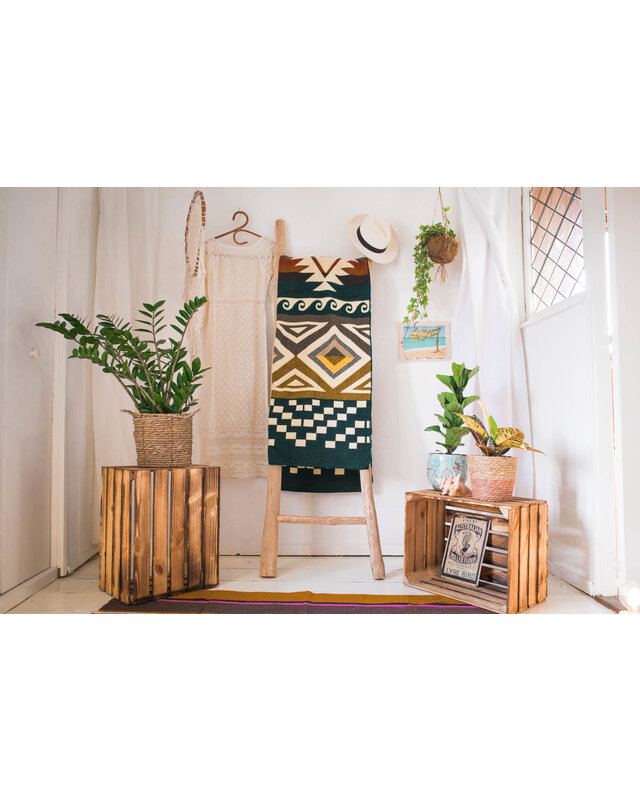 EcuaFina Alpaka Wolldecke - Westliches Design - XL Native Plaid - Aztec  - Cayambe - Dunkelgrün