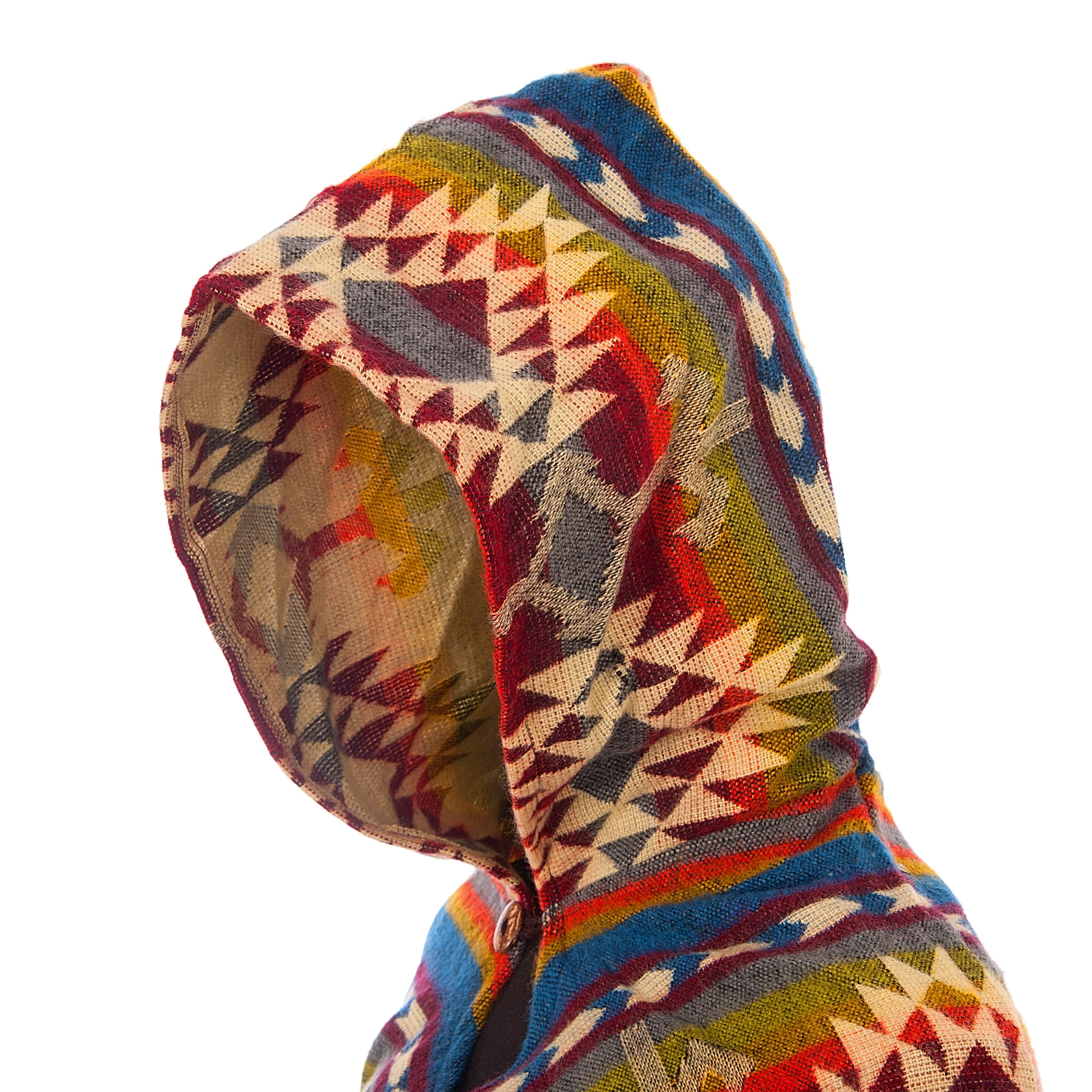 Artesanías Sudamérica Alpaca Wool/Blend Poncho: Hooded | Blue Geometric Color Pattern | Handmade in Ecuador.