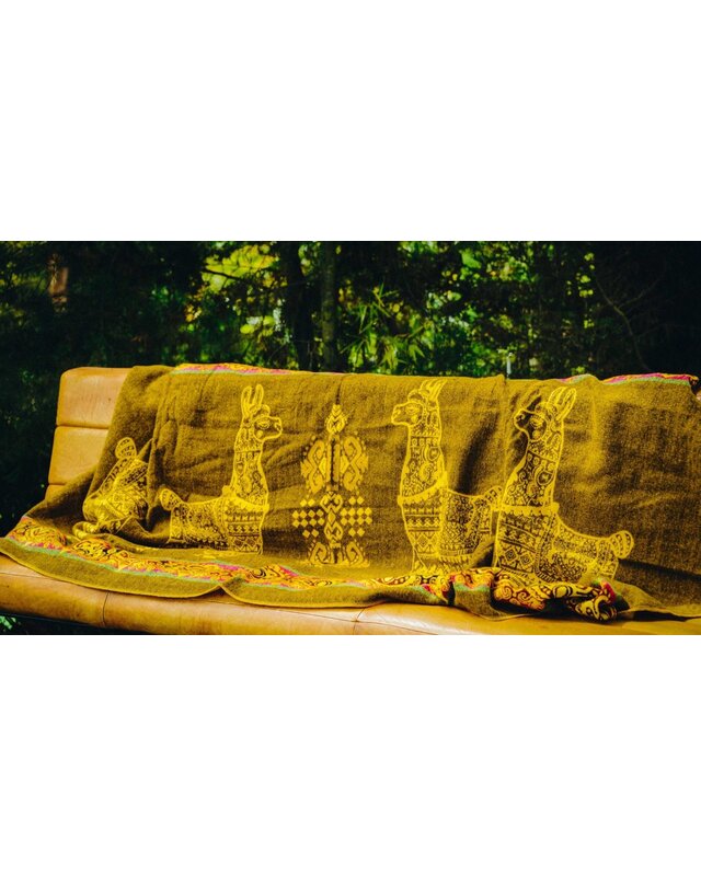 EcuaFina Mini couverture indigène en alpaga - Réversible - Design natif / néerlandais - Fairtrade & Authenticité - Jaune