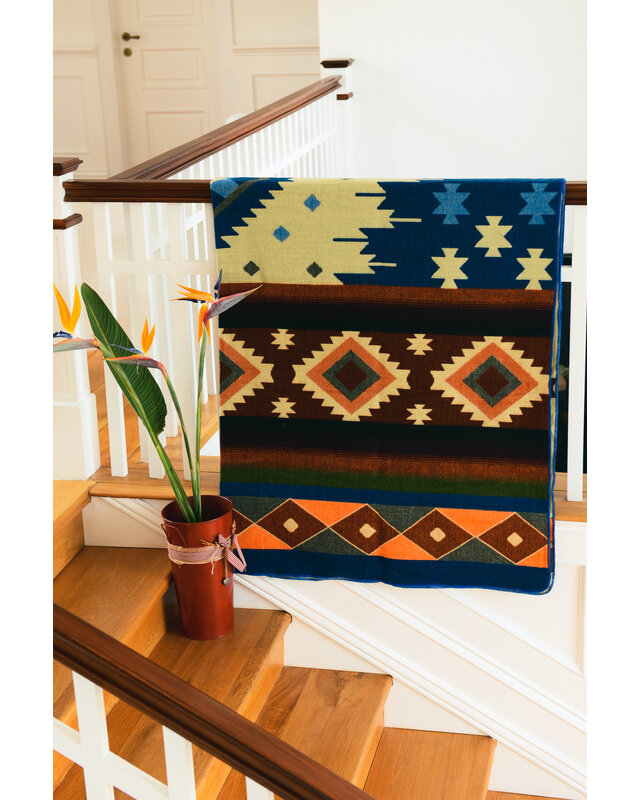 EcuaFina Mini Alpaca Native Decke - Doppelseitige Drucke – niederländisches/einheimisches Design – FairTrade & authentisch -  Quilotoa - Blau