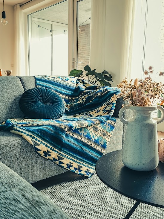 EcuaFina Couverture équatorienne en laine d'alpaga - Chaude et douce – Fabriquée à la main en Équateur - Cotopaxi - Bleu