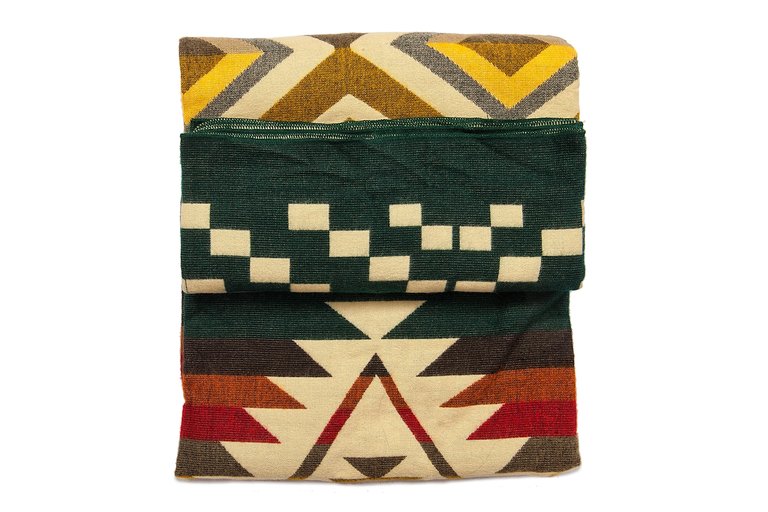 EcuaFina Alpaka Wolldecke - Westliches Design - XL Native Plaid - Aztec  - Cayambe - Dunkelgrün