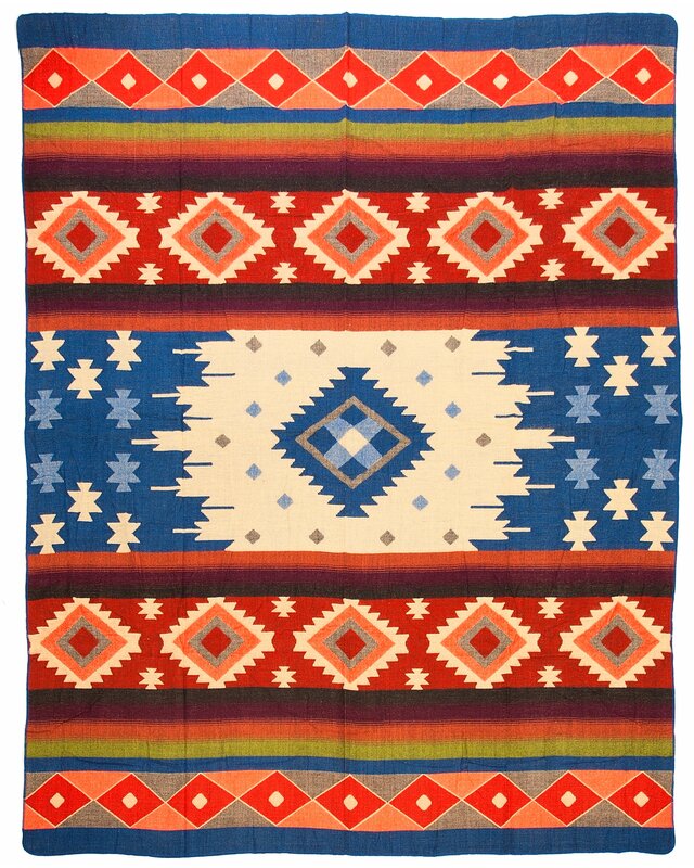 EcuaFina Couverture indigène Alpaga - Réversible - Design natif / néerlandais - FairTrade & Authenticité - Quilotoa - Bleu