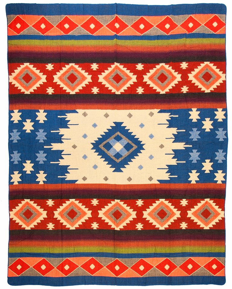 EcuaFina Alpaca Native Deken - Dubbelzijdige prints - Dutch/Native Design - FairTrade & Authentiek - Quilotoa - Blauw