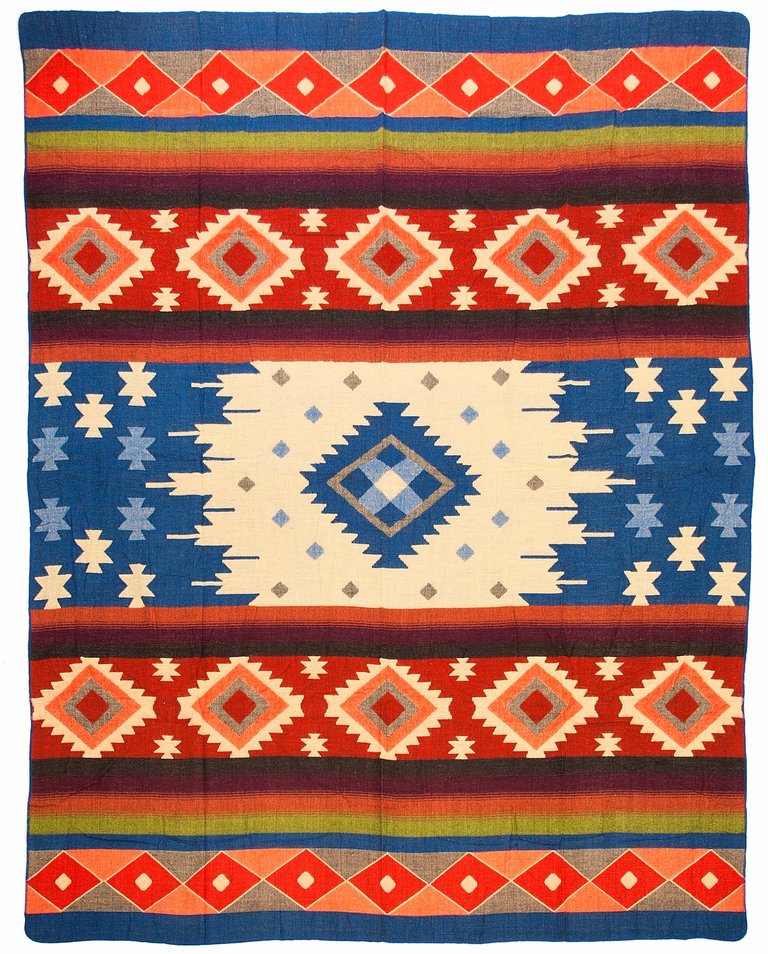 EcuaFina Couverture indigène Alpaga - Réversible - Design natif / néerlandais - FairTrade & Authenticité - Quilotoa - Bleu