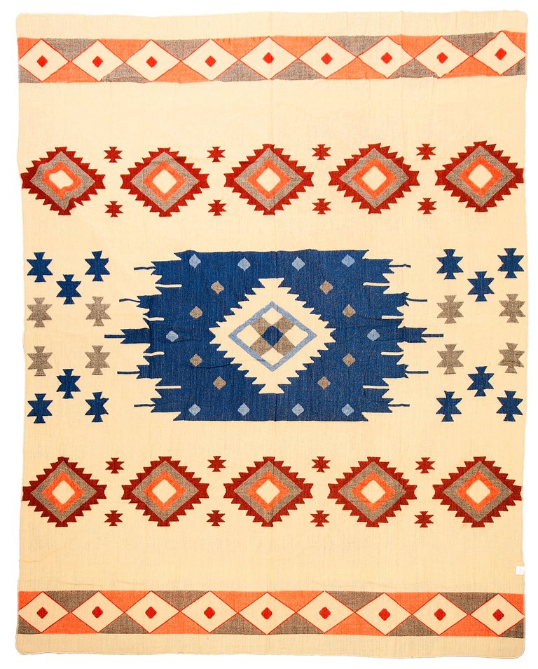 EcuaFina Alpaca Native Decke - Doppelseitige Drucke – niederländisches/einheimisches Design – FairTrade & authentisch - Quilotoa - Blau