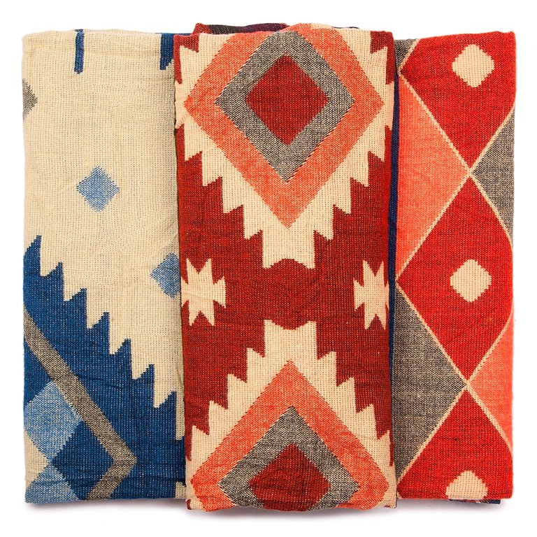 EcuaFina Alpaca Native Deken - Dubbelzijdige prints - Dutch/Native Design - FairTrade & Authentiek - Quilotoa - Blauw