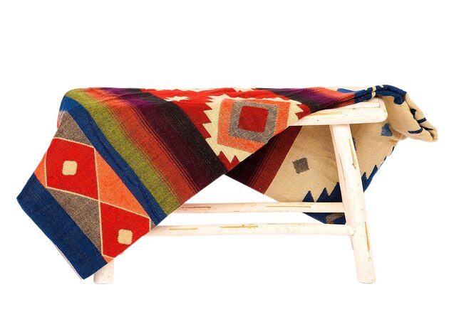 EcuaFina Alpaca Native Decke - Doppelseitige Drucke – niederländisches/einheimisches Design – FairTrade & authentisch - Quilotoa - Blau