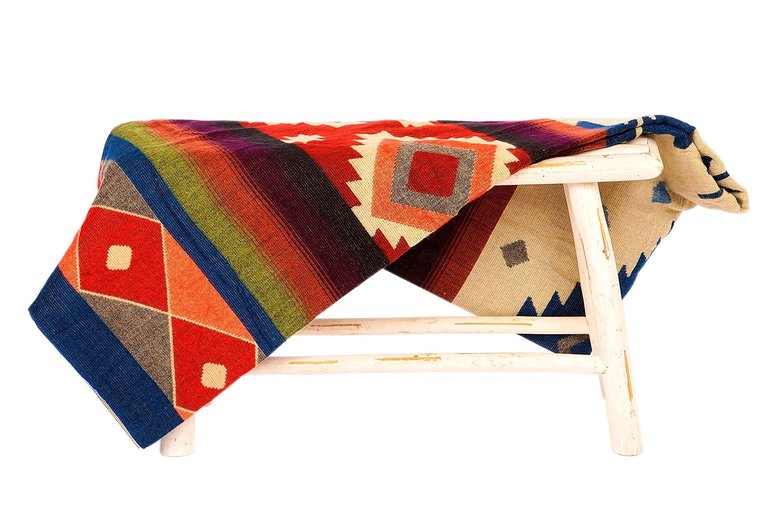 EcuaFina Alpaca Native Deken - Dubbelzijdige prints - Dutch/Native Design - FairTrade & Authentiek - Quilotoa - Blauw