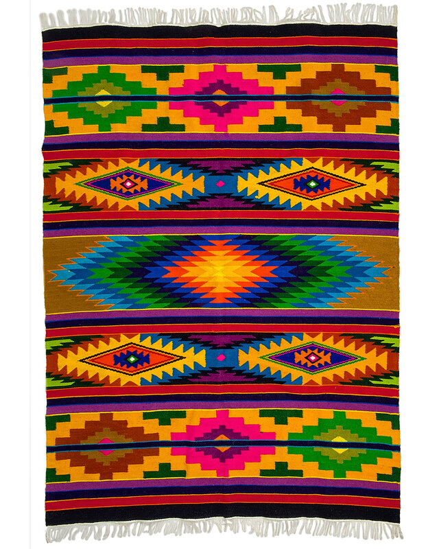 EcuaFina Tapis aztèque en laine 170 cm x 115 cm - Motifs ethniques - production équatorienne - 100% laine