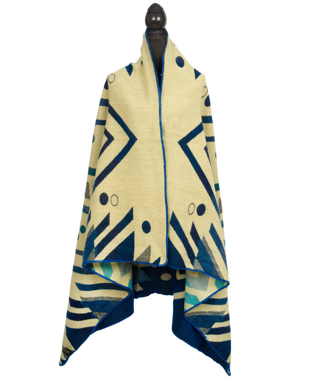 EcuaFina Petite couverture en alpaga aux motifs indigènes - Réversible - Design natif / néerlandais  - Fairtrade & Authenticité - Imbabura Bleu