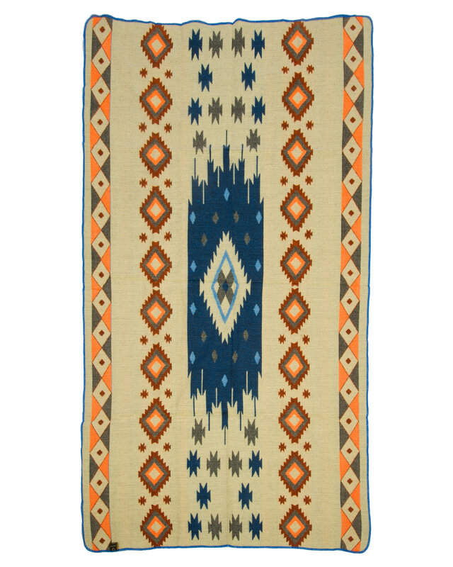 EcuaFina Mini Alpaca Native Decke - Doppelseitige Drucke – niederländisches/einheimisches Design – FairTrade & authentisch -  Quilotoa - Blau