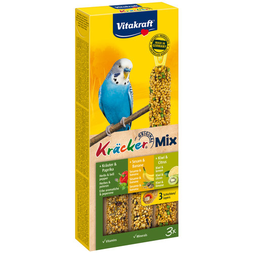 Vitakraft Vitakraft Trio Mix kruiden/paprika-sesam/banaan-kiwi/citruskräcker parkiet, 3in1.