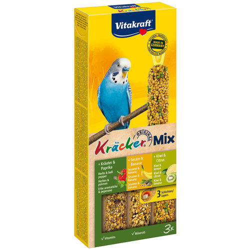 Vitakraft Vitakraft Trio Mix kruiden/paprika-sesam/banaan-kiwi/citruskräcker parkiet, 3in1.