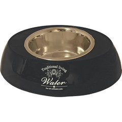 Hondenbak ovaal plastic/RVS 'Water/Food' zwart, 29 cm.