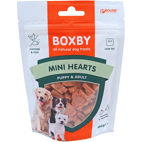 Proline Proline Boxby puppy snacks mini hearts, 100 gram.