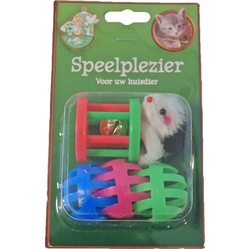 Boon Boon kattenspeelgoed blister a 3 plastic bal, klos en muis.