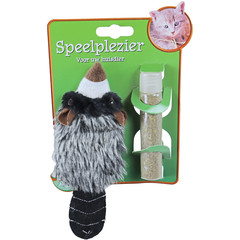 Boon kattenspeelgoed op kaart pluche wasbeer met catnip vulbaar, 18 cm.