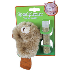 Boon kattenspeelgoed op kaart pluche bever met catnip vulbaar, 17 cm.