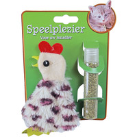 Boon kattenspeelgoed op kaart pluche haan met catnip vulbaar, 15 cm.