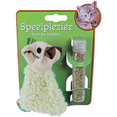 Boon kattenspeelgoed op kaart pluche schaap met catnip vulbaar, 12 cm.