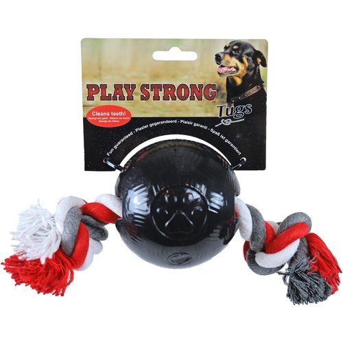 Play en Dental Strong Play Strong hondenspeelgoed rubber bal met floss 10 cm, zwart.