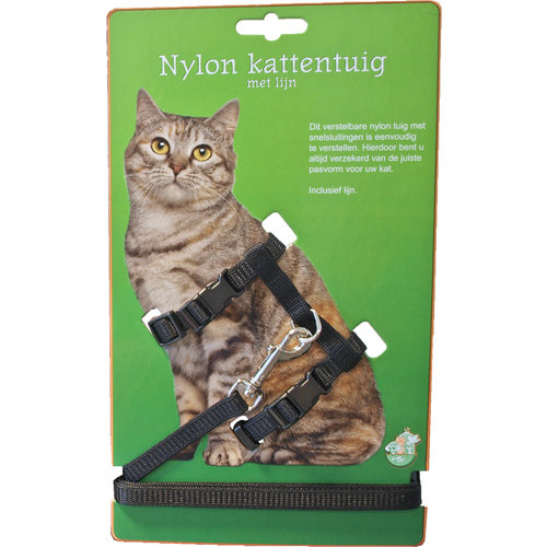 Boon kattentuig nylon met lijn, zwart.