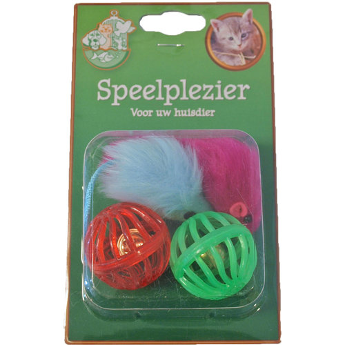 Boon kattenspeelgoed blister a 2 plastic bal en 2 bontmuis 5 cm.