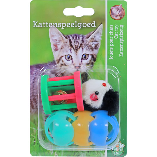 Boon Boon kattenspeelgoed blister a 3 plastic bal, klos en muis.