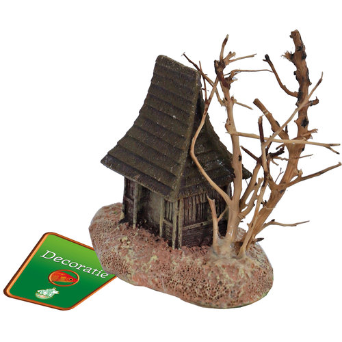 Boon aqua deco Boon Aqua Deco ornament polyresin huis met houten boom, 9 cm.