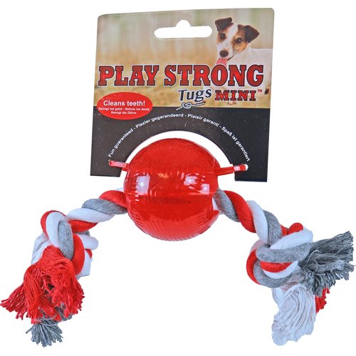 Play en Dental Strong Play Strong hondenspeelgoed rubber mini bal met floss 6 cm, rood.