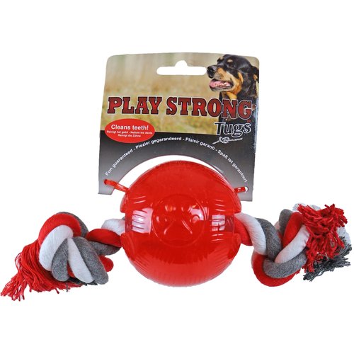 Play en Dental Strong Play Strong hondenspeelgoed rubber bal met floss 8,5 cm, rood.