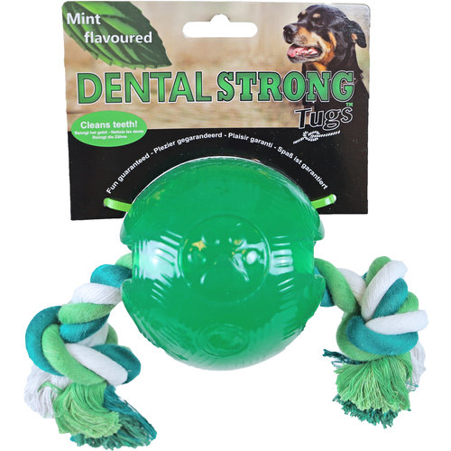 Play en Dental Strong Dental Strong hondenspeelgoed rubber bal met floss 10 cm, groen.