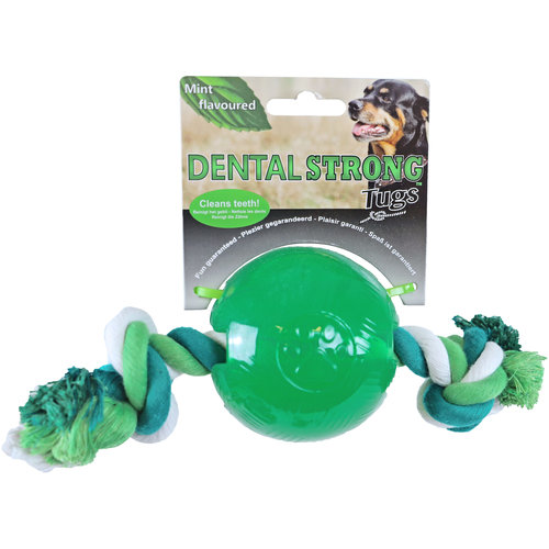 Play en Dental Strong Dental Strong hondenspeelgoed rubber bal met floss 8,5 cm, groen.