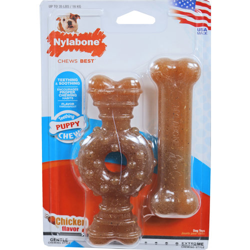 Nylabone Nylabone Puppy Chew, twin pack 1x bone/1x ring bone wolf.