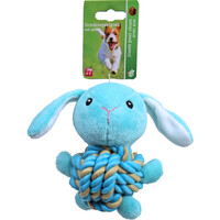 Boon hondenspeelgoed konijn pluche met touwbal buik en piep, 15 cm.