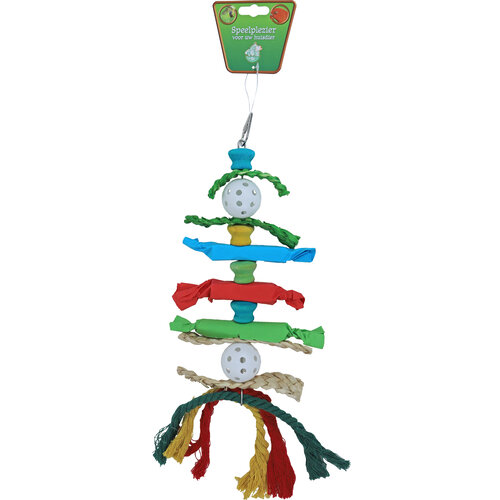 Boon Boon vogelspeelgoed ladder hout/raffia met bal, papier en kat, 40 cm.