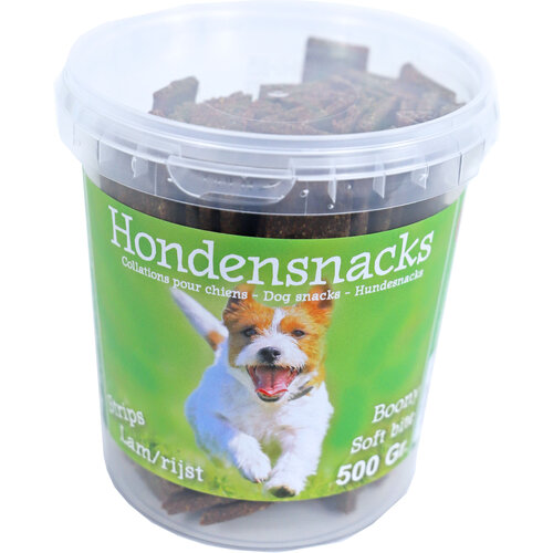 Boony hondensnacks Boony semi moist strips lam/rijst, emmer a 500 gram.