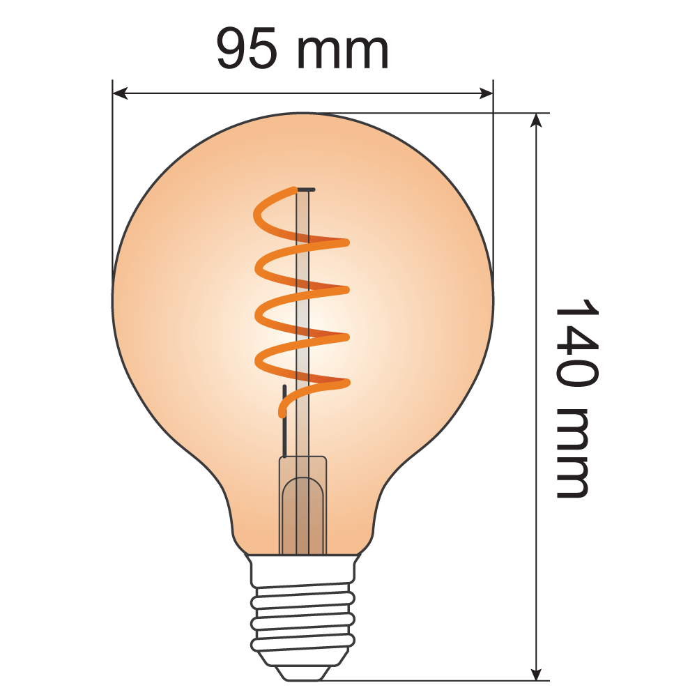 Lampada a spirale 4W XL, 1800K, vetro ambra Ø95 - dimmerabile