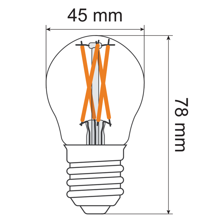 Lampada a filamento da 2,5W e 4,5W, 2200-2700K, vetro trasparente Ø45, dim-tiepido