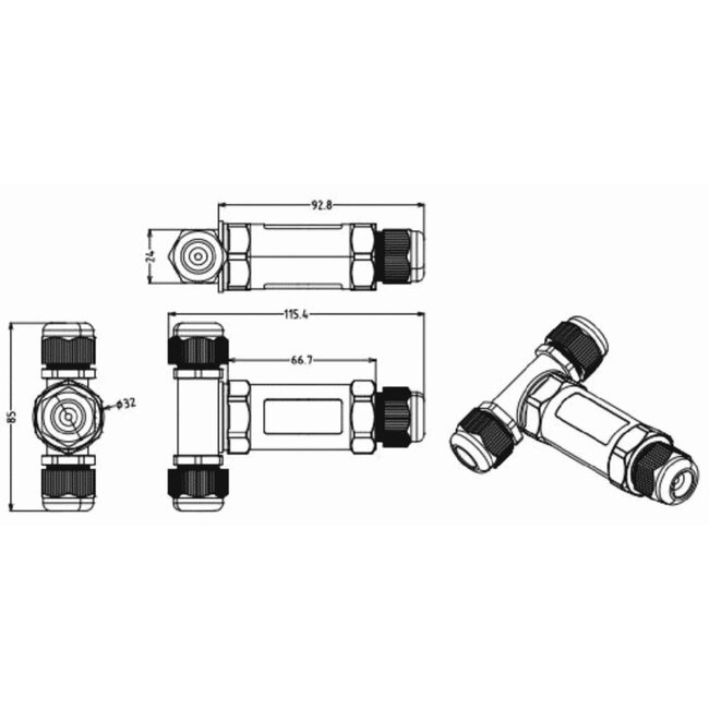 Connettore impermeabile a 5 pin a forma di T, IP67