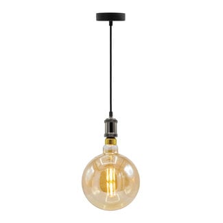 Moderna lampada a sospensione con cavo nero lucido incl. lampadina XXXL da 8,5W a 10W, vetro ambrato, 2000K, Ø200 mm