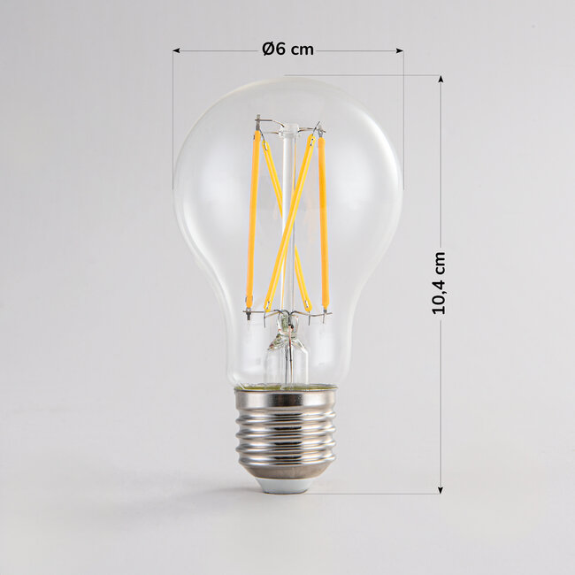 Lampadina a filamento LED dim-to-warm da 7 e 9 watt in vetro trasparente