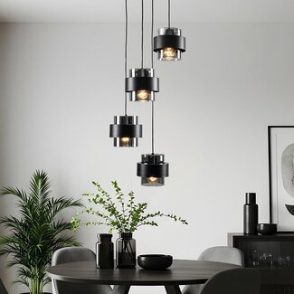 Lampada a sospensione a 4 luci Fynna - nero e vetro fumé